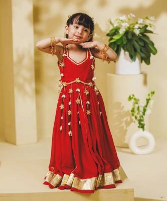 Red embroidered georgette lehenga set 1