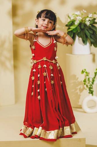 Red embroidered georgette lehenga set