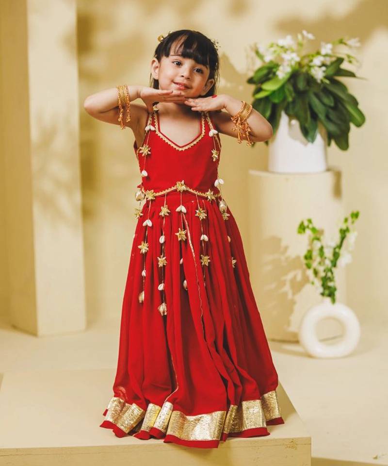 Red embroidered georgette lehenga set