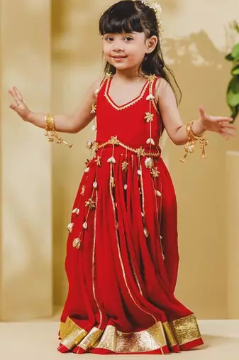red embroidered georgette girls lehenga set