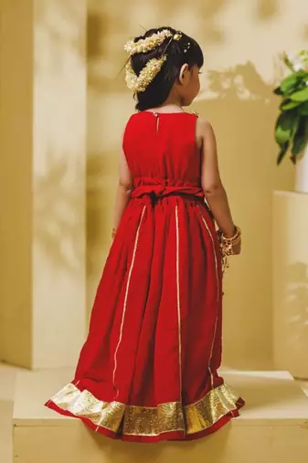 red embroidered georgette girls lehenga set