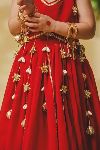 red embroidered georgette girls lehenga set