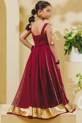 maroon embroidered georgette kids lehenga set 
