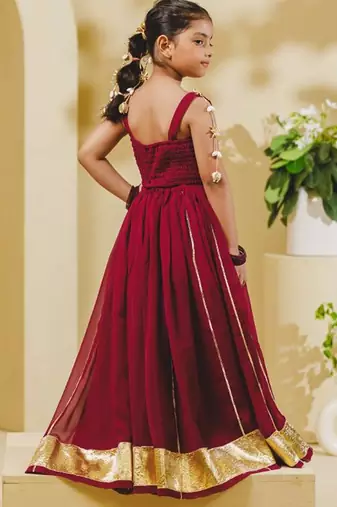 maroon embroidered georgette kids lehenga set 
