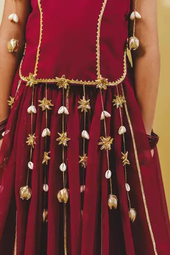 maroon embroidered georgette kids lehenga set 
