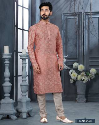 Pink digital-printed silk kurta pajama set with threadwork neckline 1