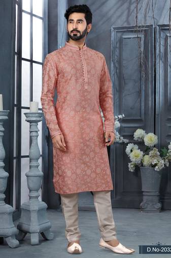 Pink digital-printed silk kurta pajama set with threadwork neckline
