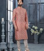 Pink digital-printed silk kurta pajama set with threadwork neckline