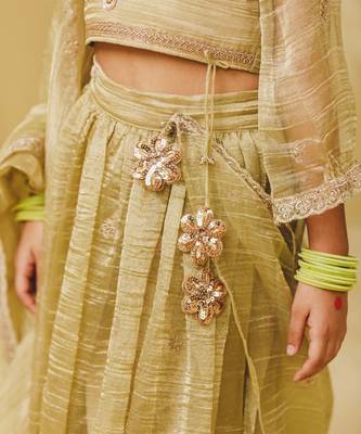 Pista green embroidered tissue organza lehenga set 3