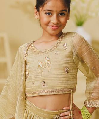 Pista green embroidered tissue organza lehenga set 4