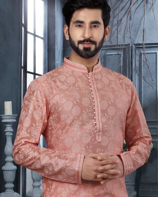 Pink digital-printed silk kurta pajama set with threadwork neckline 2
