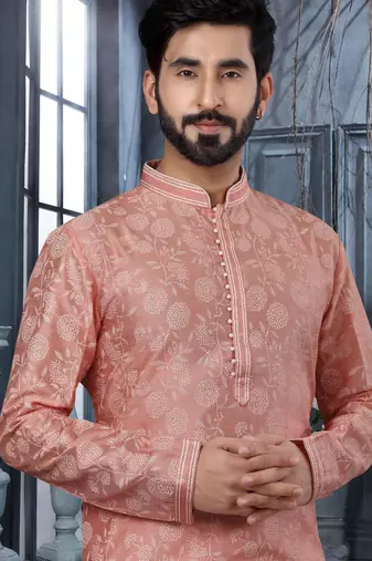 Pink digital-printed silk kurta pajama set with threadwork neckline