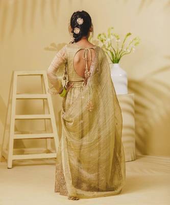 Pista green embroidered tissue organza lehenga set 5