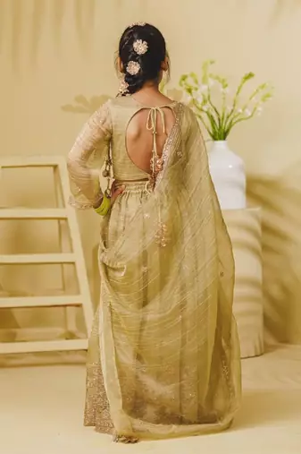 Pista green embroidered tissue organza lehenga set
