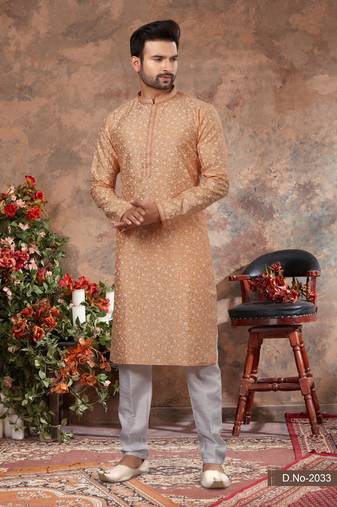 Peach digital-printed silk kurta pajama set with threadwork neckline
