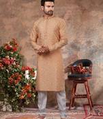 Peach digital-printed silk kurta pajama set with threadwork neckline