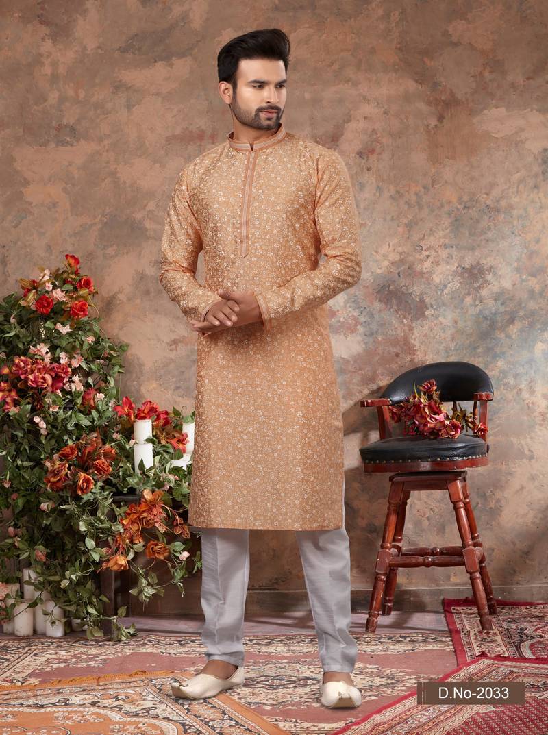 Peach digital-printed silk kurta pajama set with threadwork neckline