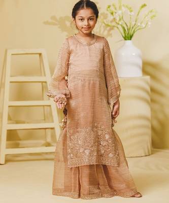 Peach embroidered tissue organza sharara set 1
