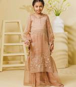 Peach embroidered tissue organza sharara set