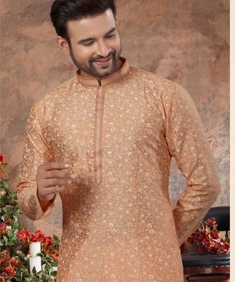 Peach digital-printed silk kurta pajama set with threadwork neckline 2