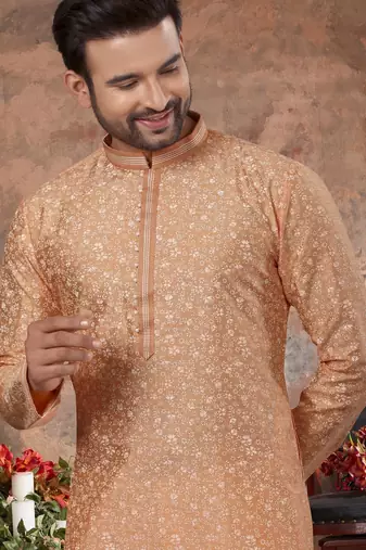 Peach digital-printed silk kurta pajama set with threadwork neckline