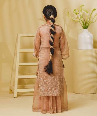 Peach embroidered tissue organza sharara set 2