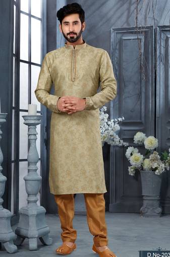 Olive green digital-printed silk kurta pajama set with threadwork neckline