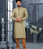 Olive green digital-printed silk kurta pajama set with threadwork neckline