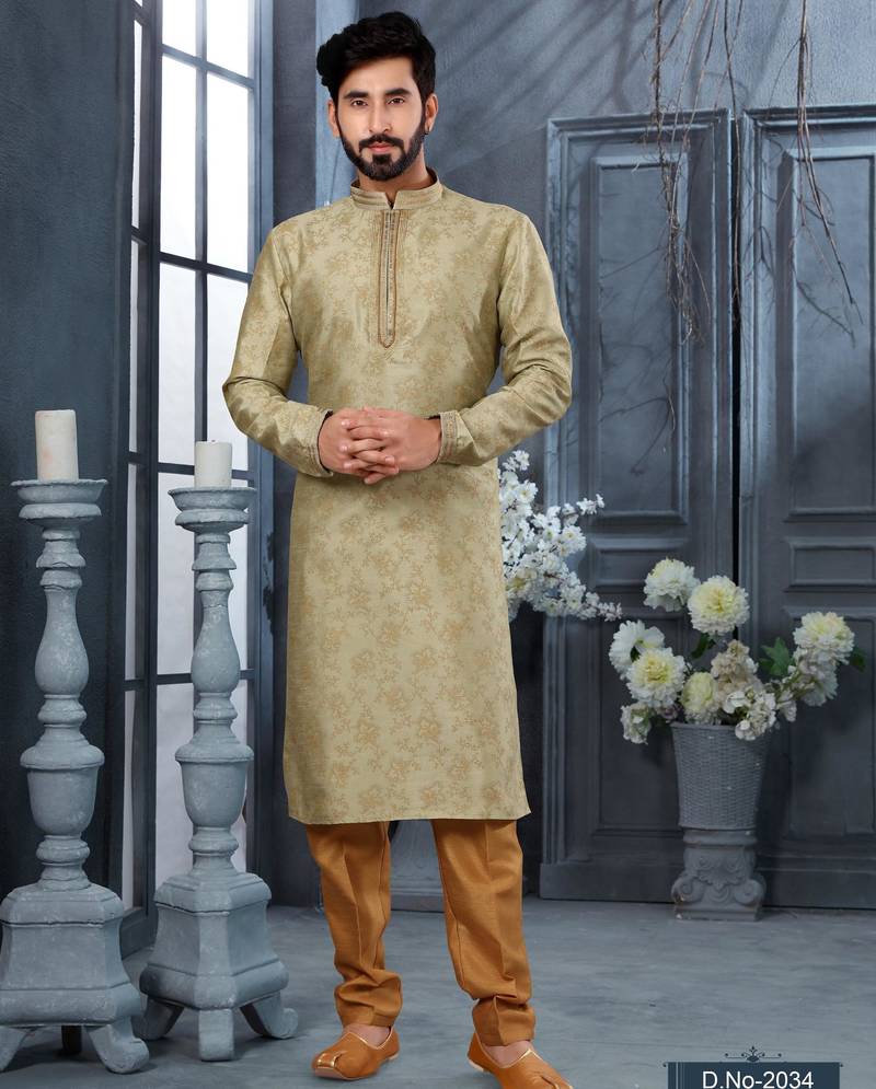 Olive green digital-printed silk kurta pajama set with threadwork neckline