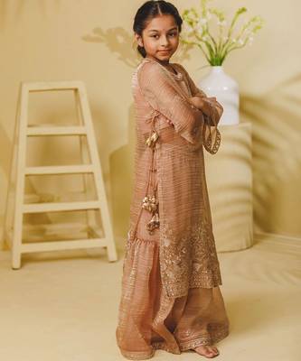 Peach embroidered tissue organza sharara set 4