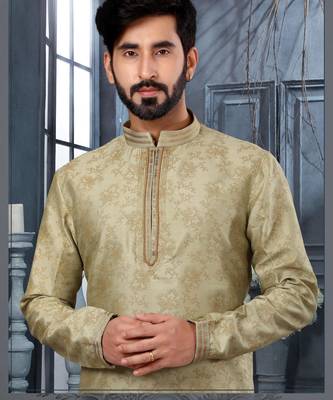Olive green digital-printed silk kurta pajama set with threadwork neckline 2