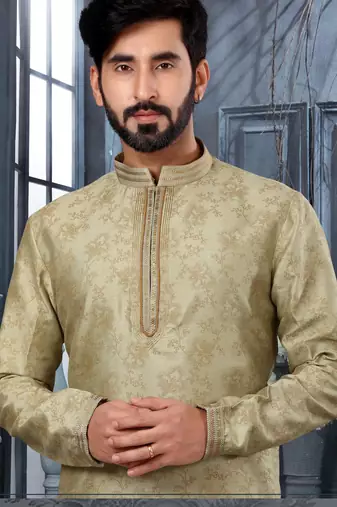 Olive green digital-printed silk kurta pajama set with threadwork neckline