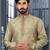 Olive green digital-printed silk kurta pajama set with threadwork neckline