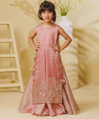 Pink embroidered tissue organza anarkali and ponchu set 1