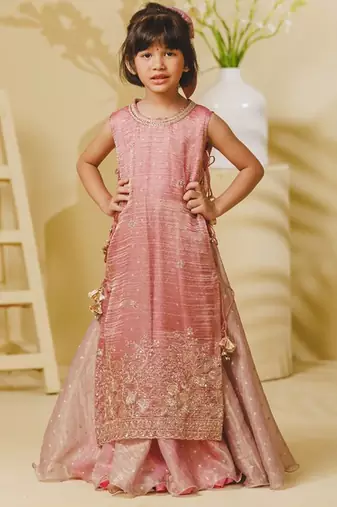 Pink embroidered tissue organza anarkali and ponchu set