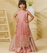 Pink embroidered tissue organza anarkali and ponchu set