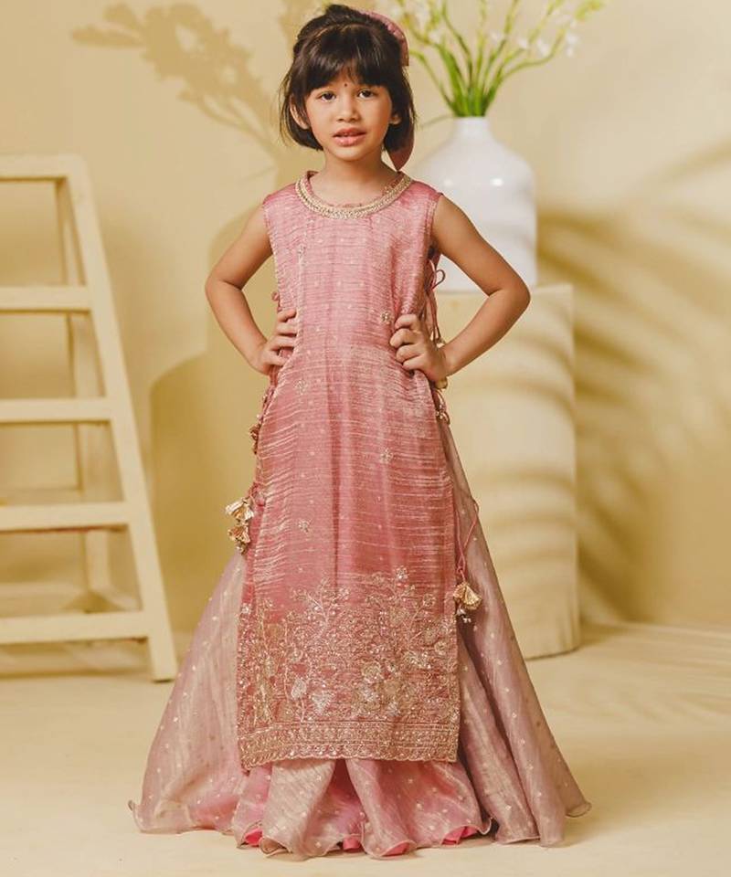Pink embroidered tissue organza anarkali and ponchu set