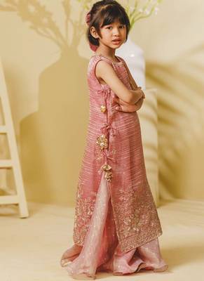 Pink embroidered tissue organza anarkali and ponchu set 2