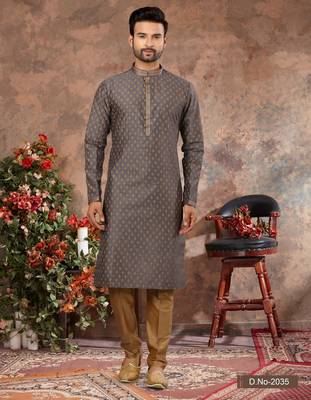 Grey digital-printed silk kurta pajama set with threadwork neckline 1