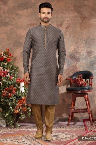 Grey digital-printed silk kurta pajama set with threadwork neckline