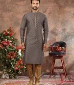 Grey digital-printed silk kurta pajama set with threadwork neckline
