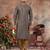 Grey digital-printed silk kurta pajama set with threadwork neckline