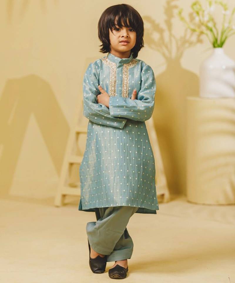 Blue embroidered tissue organza kurta and pant