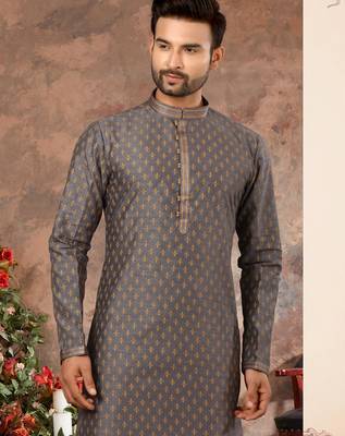 Grey digital-printed silk kurta pajama set with threadwork neckline 2