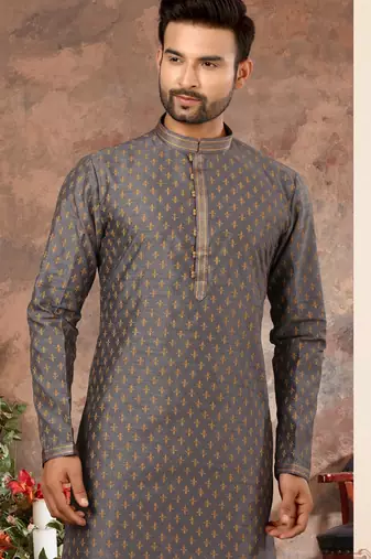 Grey digital-printed silk kurta pajama set with threadwork neckline