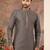 Grey digital-printed silk kurta pajama set with threadwork neckline