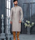 Grey jacquard zari booti kurta pajama set with threadwork