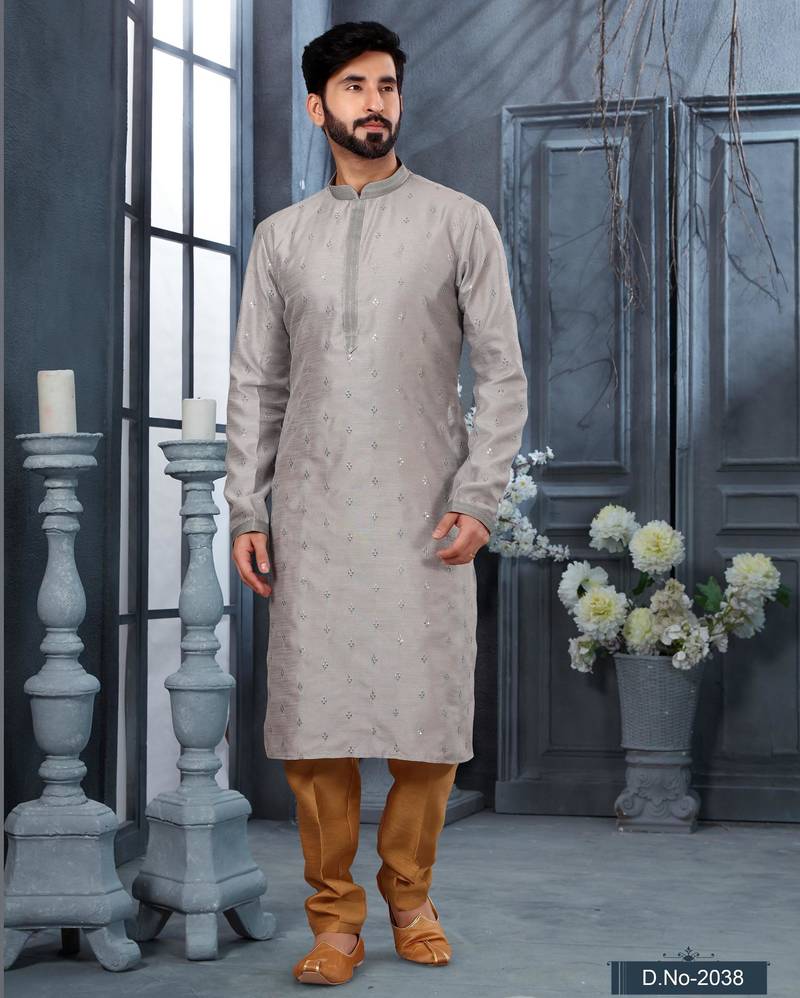 Grey jacquard zari booti kurta pajama set with threadwork