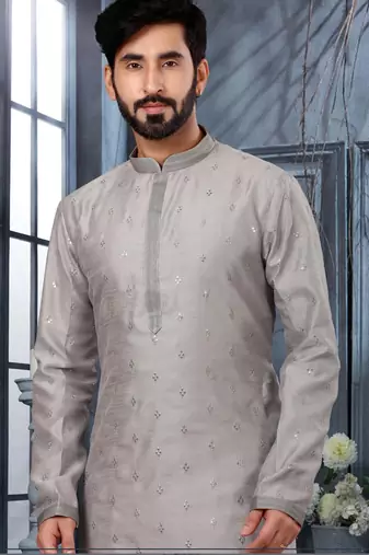 Grey jacquard zari booti kurta pajama set with threadwork