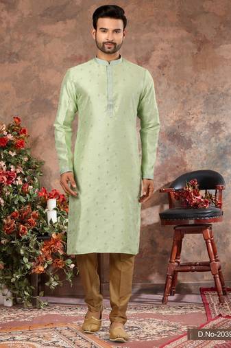 Pista green jacquard zari booti kurta pajama set with threadwork